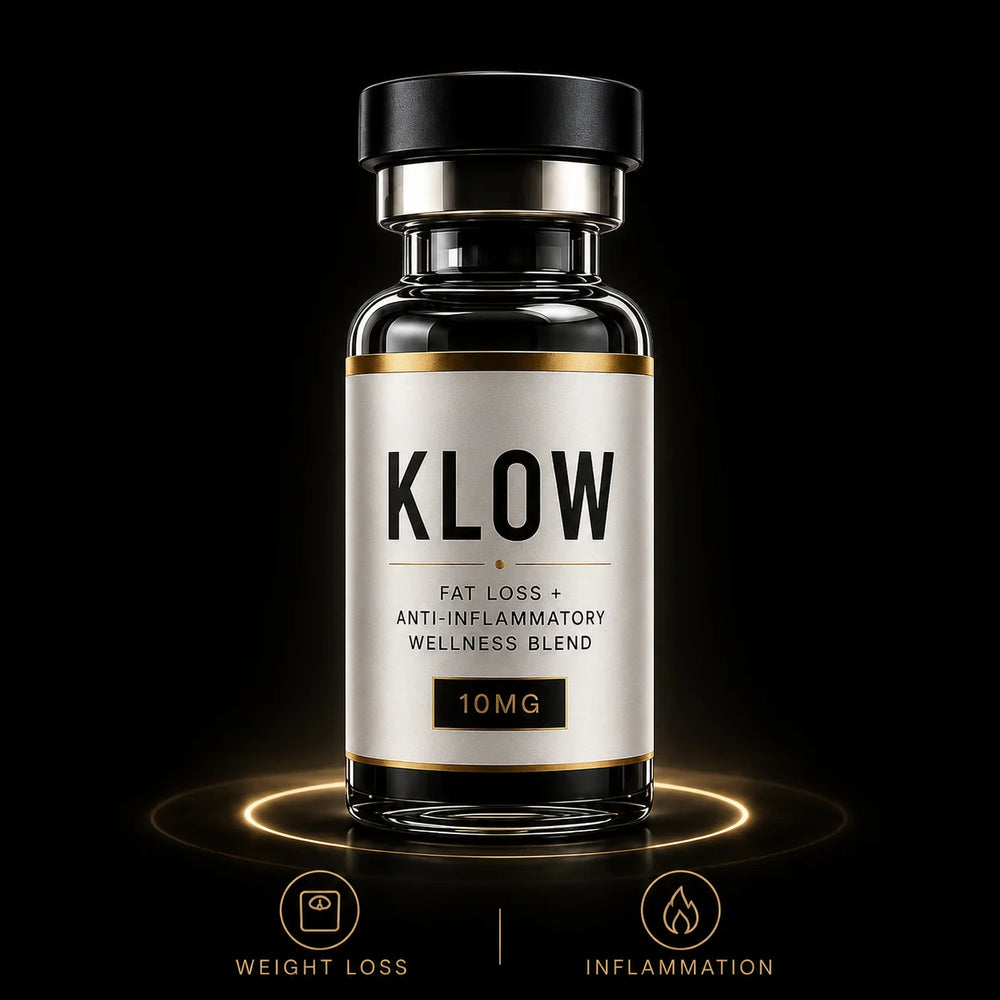 KLOW supplement bottle on a black background