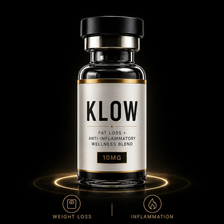 KLOW supplement bottle on a black background