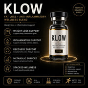 KLOW wellness blend bottle with features and benefits on a dark background