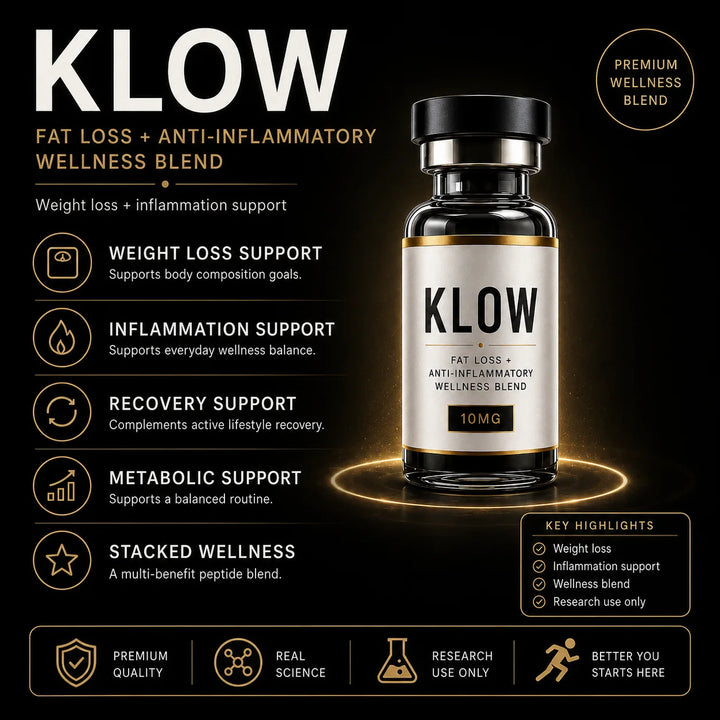 KLOW wellness blend bottle with features and benefits on a dark background